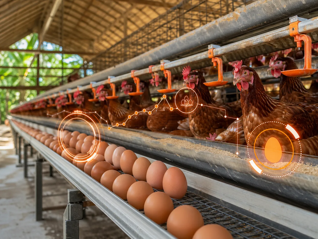 Kandang ayam layer dengan telur, ayam, dan lapisan data produksi